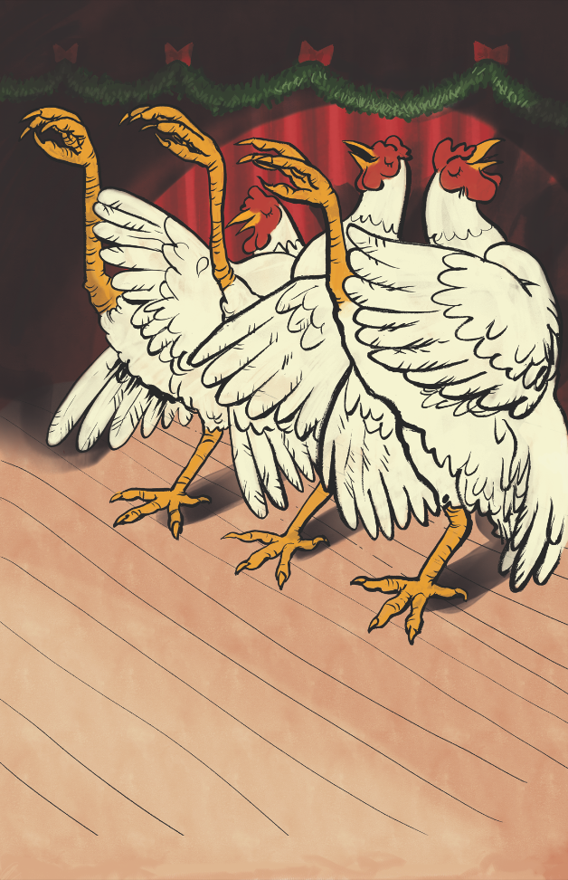 illustration of three hens doing the can-can